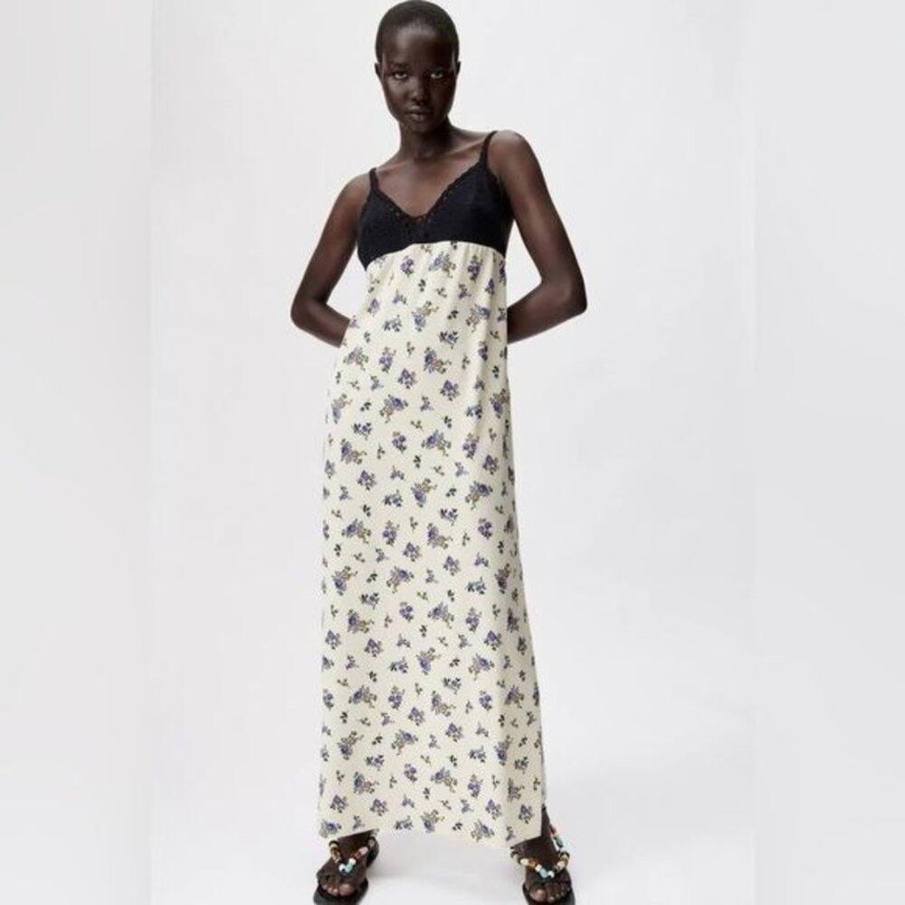 Zara Cream Floral Satin Maxi with Crochet Top Size Small NWOT